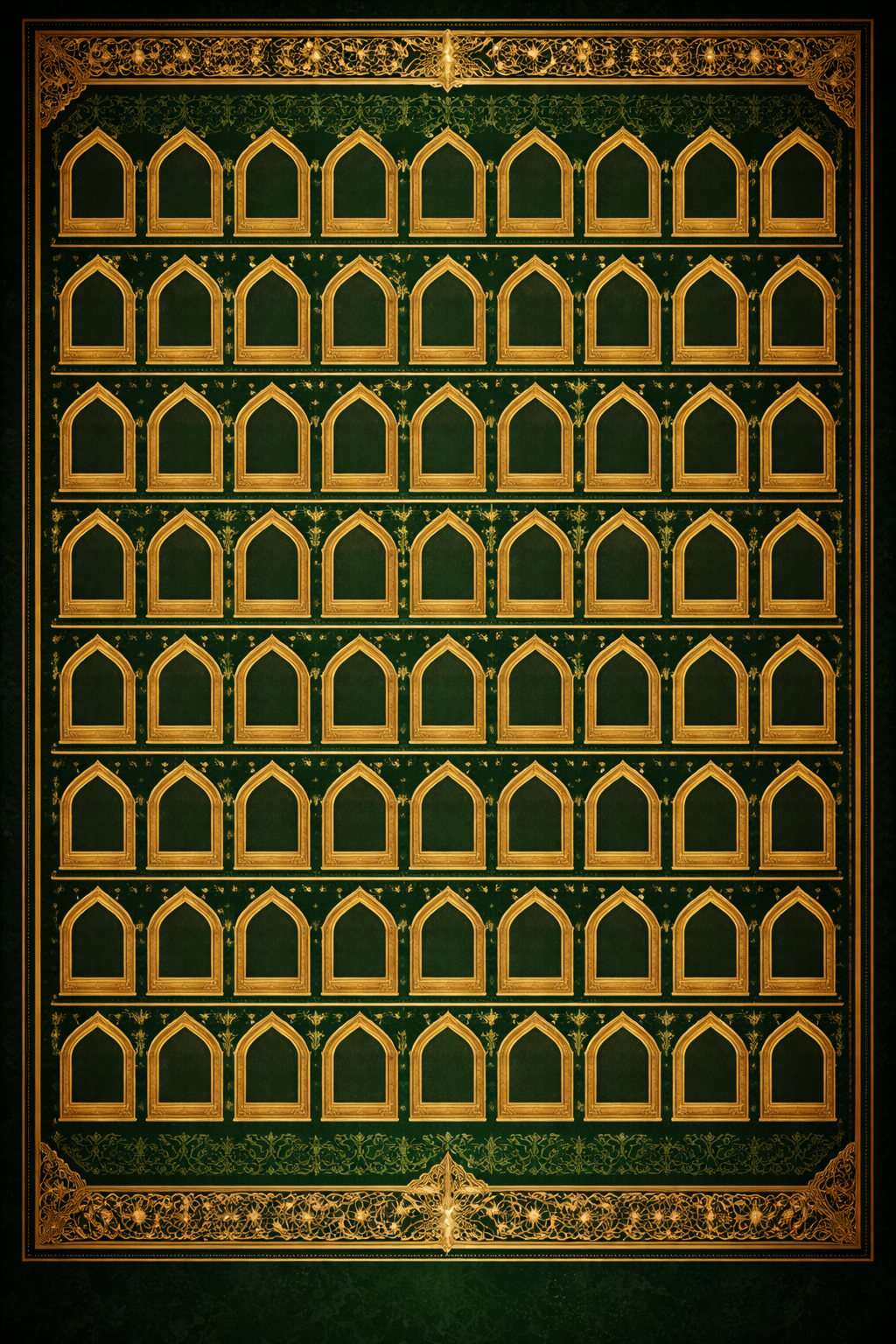 99 Names of Allah Grid — Golden Mihrab Frames on Green